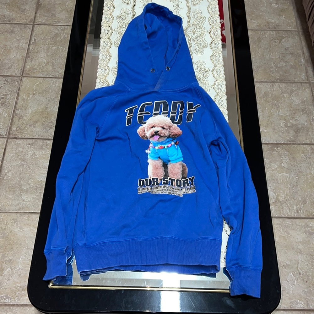 Royal blue hoodie with brown poodle graphic